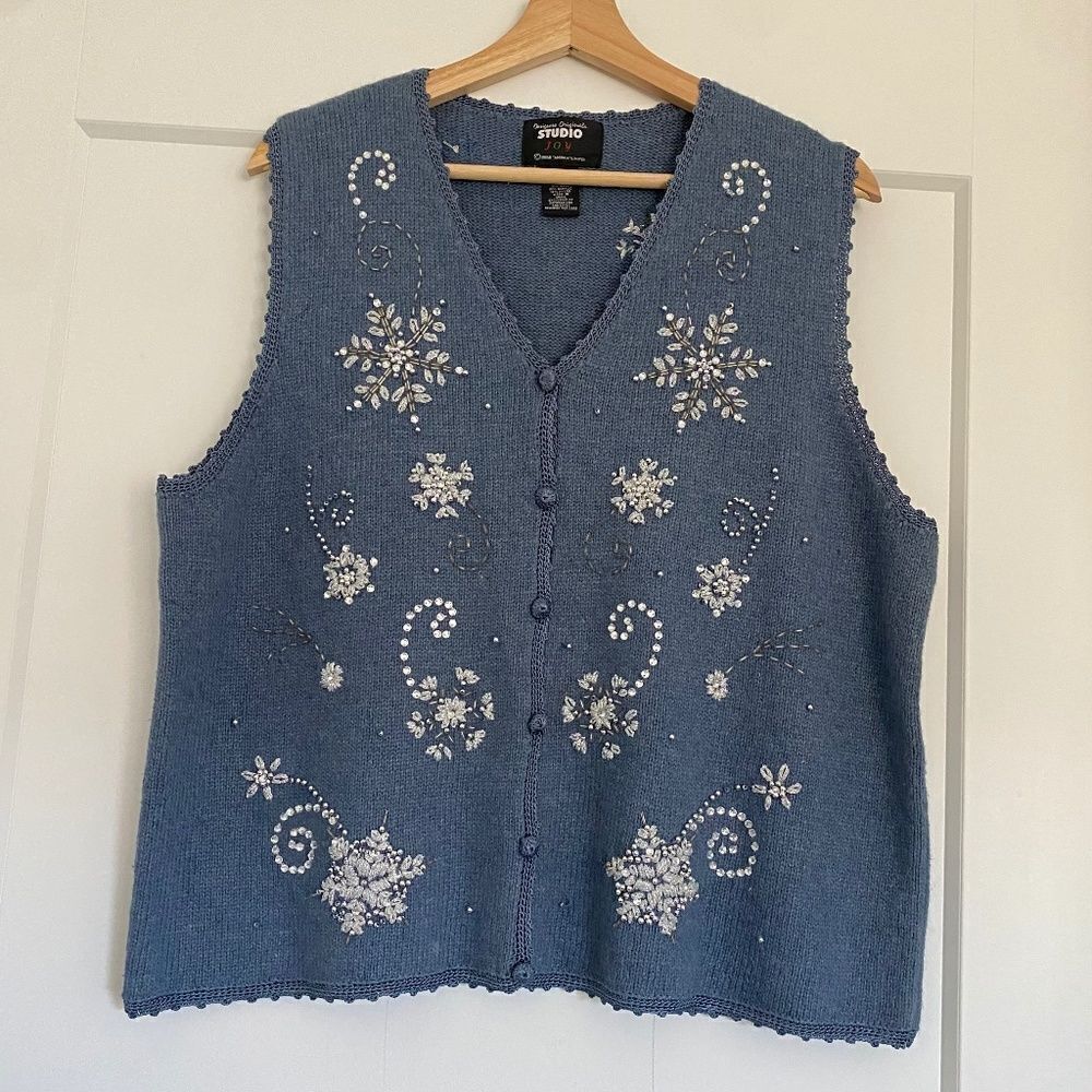 Vintage Blue Wool Beaded Embroidered Classic Grandma Warm Button Front Vest